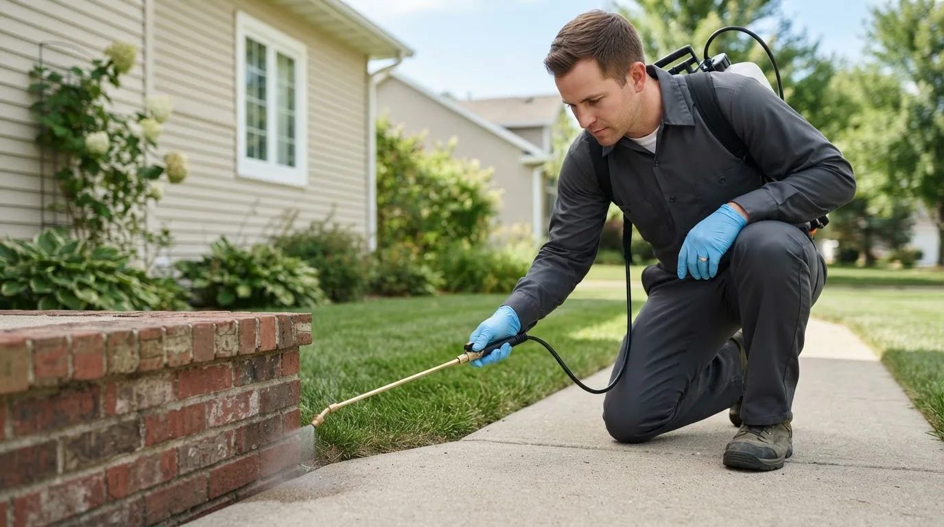 Pest control technician treating a home near Bowmansville, PA