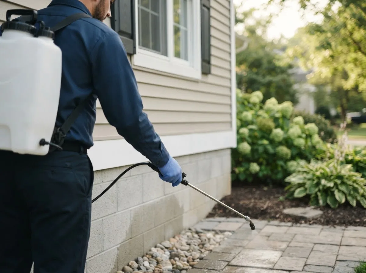 Pest control technician inspecting a home in Bowmansville, PA
